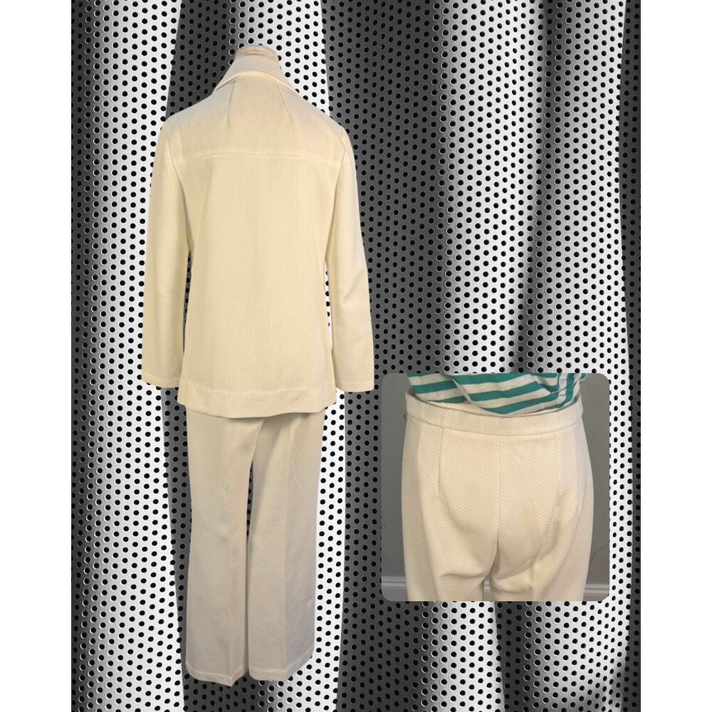 Vintage 70s Groovy White Waffle Knit Dagger Collar Blazer Flare Pants Set M/L - Picture 3 of 7